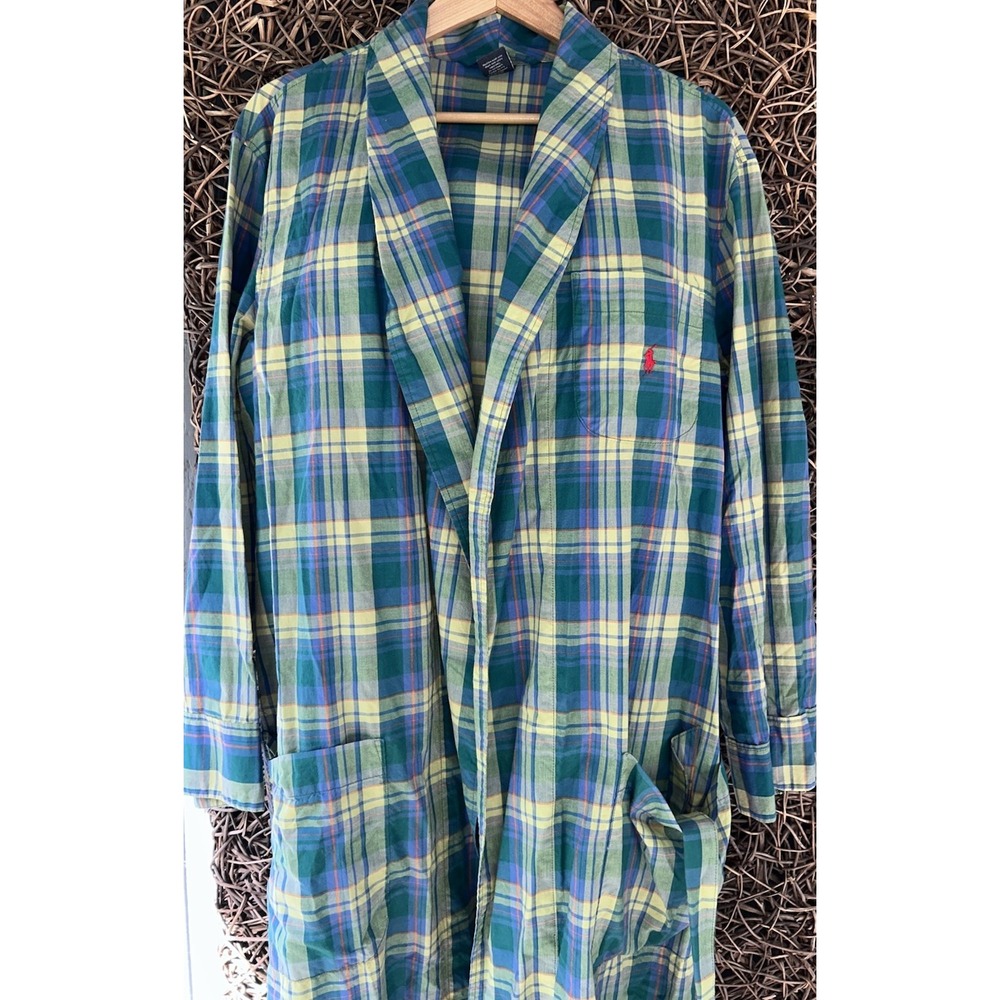 Polo Ralph Lauren Blue/White/Green CONLEY Plaid Cotton Robe Men's S/M Vintage